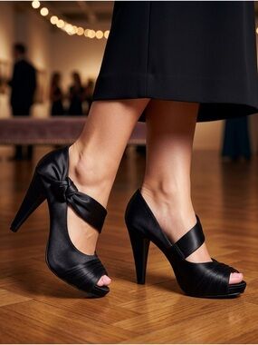 FIONI Night Black Satin Peep-Toe Heels with Knotted Ankle Strap 7 1/2